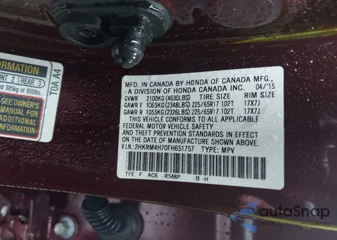 2015 Honda Cr-V Ex-L from USA, damaged, VIN 2HKRM4H70FH651757